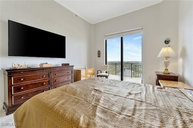 bedroom with access to exterior and crown molding