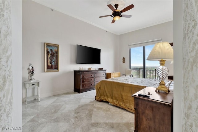 bedroom featuring access to outside, ceiling fan, and ornamental molding