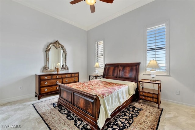 bedroom featuring ceiling fan and ornamental molding