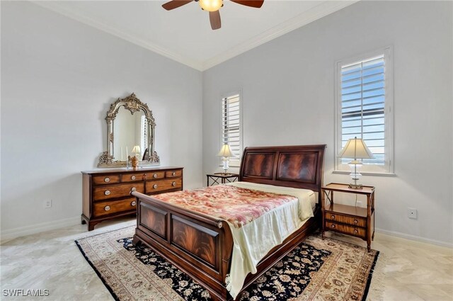 bedroom featuring ornamental molding and ceiling fan