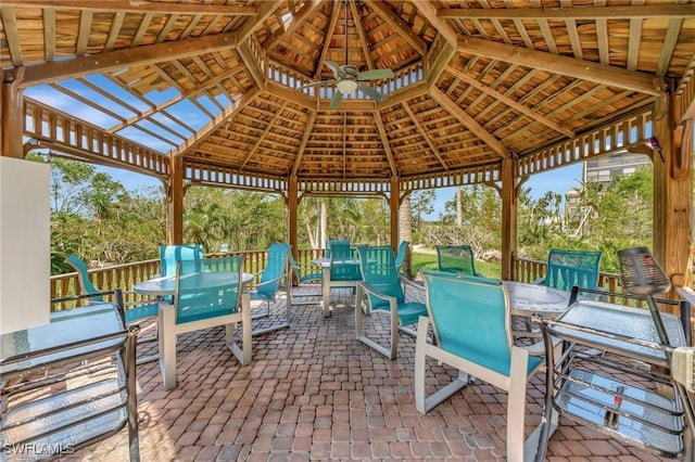 view of patio with a gazebo and ceiling fan