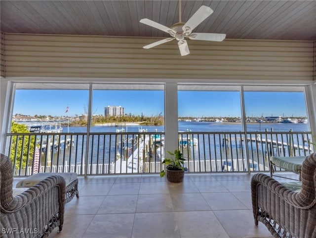 sunroom / solarium with a water view, ceiling fan, and wooden ceiling