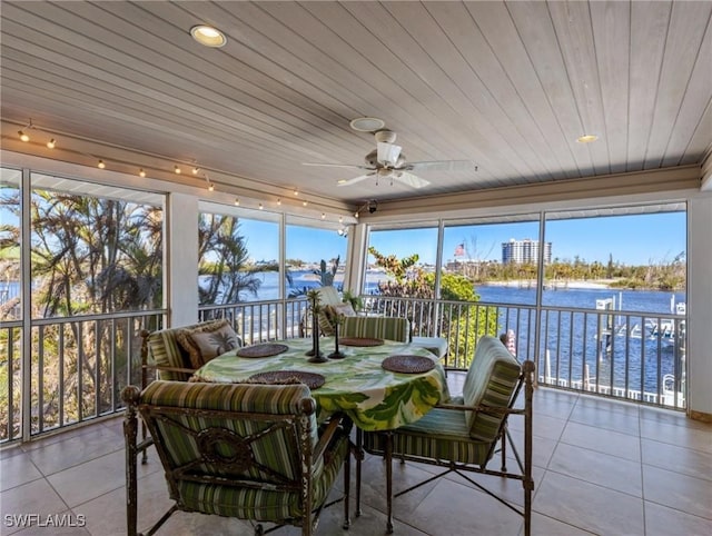 sunroom / solarium with a water view, ceiling fan, and wooden ceiling