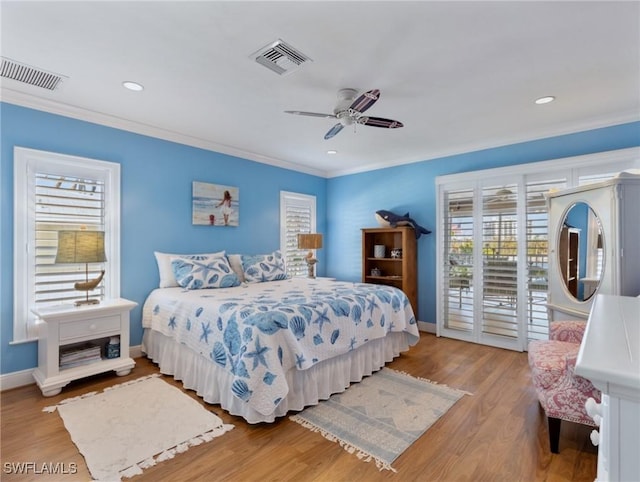 bedroom with access to outside, ceiling fan, crown molding, and light hardwood / wood-style floors