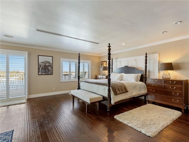 bedroom featuring access to exterior, dark hardwood / wood-style flooring, multiple windows, and ornamental molding