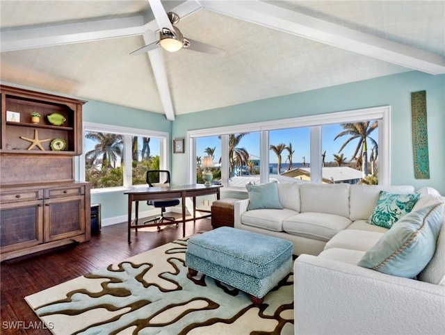 living room with lofted ceiling with beams, ceiling fan, and dark hardwood / wood-style flooring