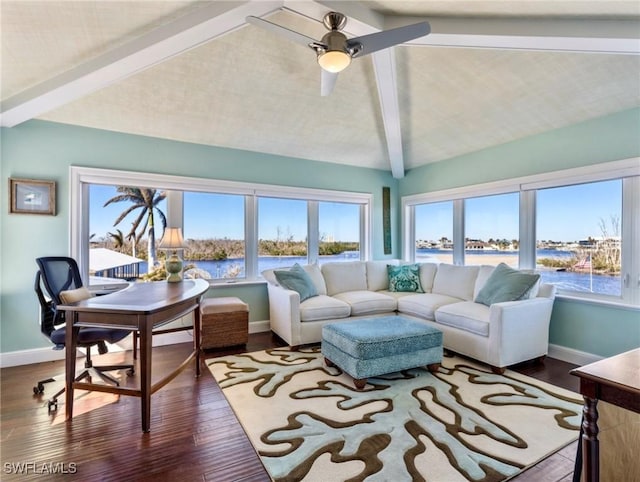 living room with vaulted ceiling with beams, ceiling fan, hardwood / wood-style floors, and a water view