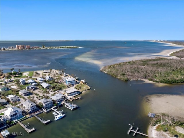 bird's eye view with a water view