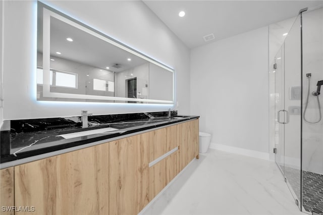 1027 NW 40th Pl, Cape Coral, FL 33993 - full bathroom with toilet, visible vents, double vanity, and a marble finish shower