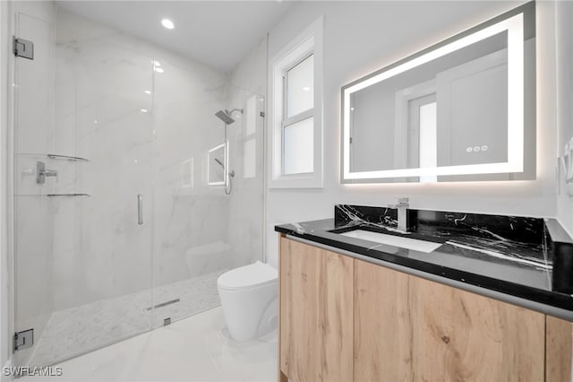 1027 NW 40th Pl, Cape Coral, FL 33993 - bathroom featuring vanity, marble finish floor, toilet, and a marble finish shower