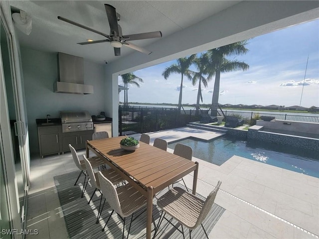 view of pool featuring ceiling fan, area for grilling, a jacuzzi, and a patio area