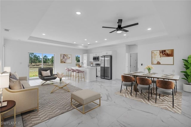 living room with a tray ceiling, ceiling fan, and sink