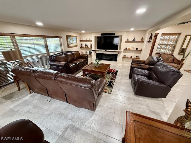 living room with built in shelves