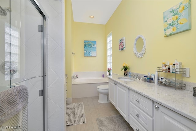 full bathroom with vanity, a healthy amount of sunlight, toilet, and separate shower and tub