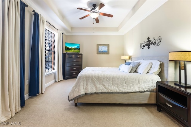 carpeted bedroom featuring a tray ceiling and ceiling fan