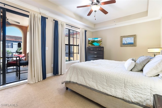 carpeted bedroom featuring a raised ceiling and ceiling fan