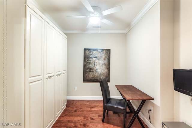 office area featuring crown molding, ceiling fan, and dark wood-type flooring