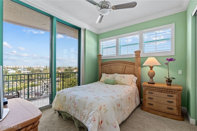 bedroom featuring ceiling fan, light carpet, access to outside, and multiple windows