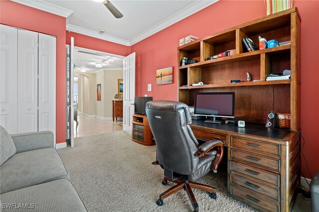 carpeted home office with ceiling fan and crown molding