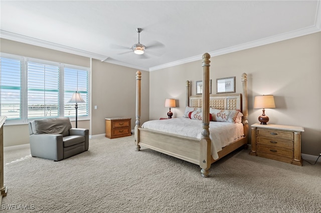 bedroom featuring ceiling fan, light carpet, and ornamental molding