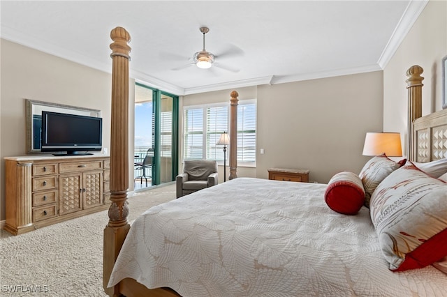 bedroom featuring access to exterior, carpet flooring, ceiling fan, and ornamental molding