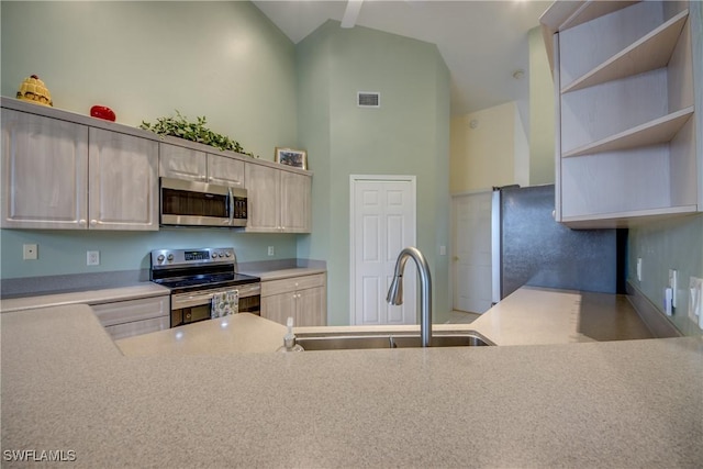 kitchen with sink, high vaulted ceiling, and stainless steel appliances