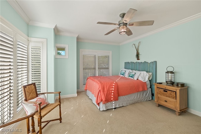 bedroom featuring multiple windows, ceiling fan, light colored carpet, and ornamental molding