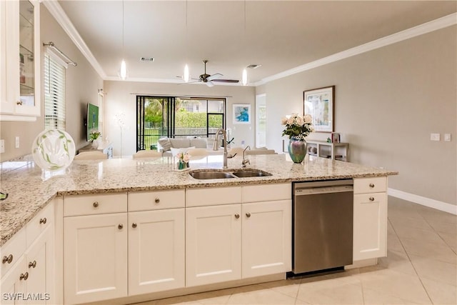 kitchen featuring light stone countertops, stainless steel dishwasher, crown molding, sink, and white cabinetry