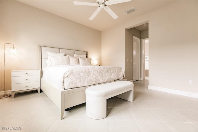 bedroom with tile patterned floors and ceiling fan