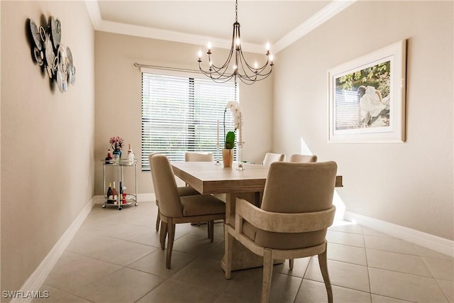 dining area featuring ornamental molding, light tile patterned floors, and a chandelier