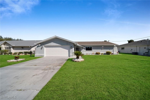 single story home with central AC unit, a garage, and a front lawn