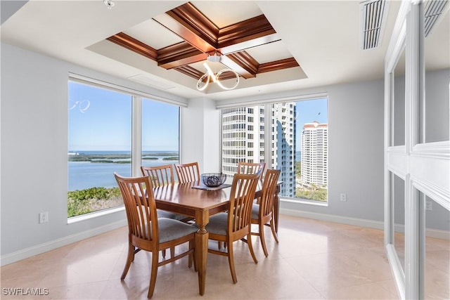 dining room featuring beam ceiling, crown molding, a water view, and coffered ceiling