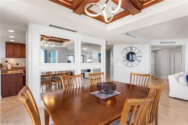 dining space featuring beamed ceiling, a notable chandelier, light tile patterned floors, and coffered ceiling