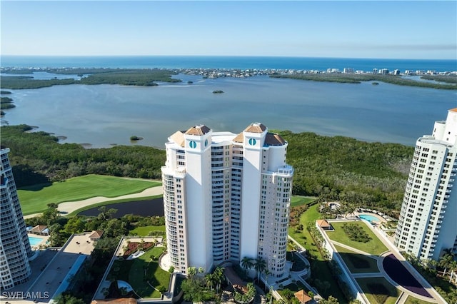 birds eye view of property featuring a water view