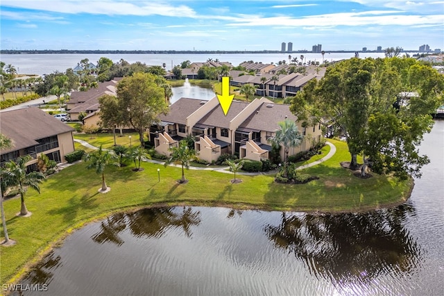 drone / aerial view featuring a water view