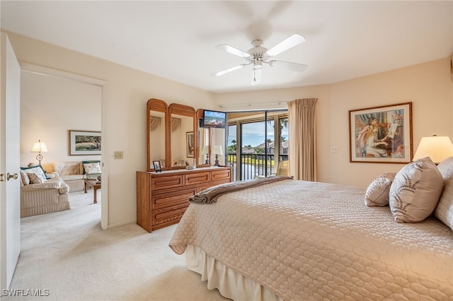 bedroom with access to outside, ceiling fan, and light colored carpet