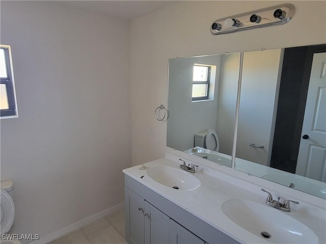 bathroom featuring tile patterned flooring, vanity, and toilet