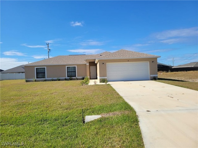 ranch-style house with a front lawn and a garage