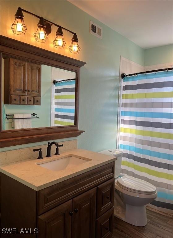 bathroom with vanity, wood-type flooring, and toilet