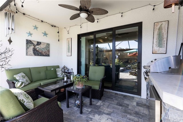 living room featuring ceiling fan