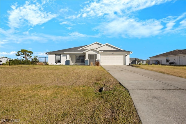 ranch-style home featuring a garage, driveway, a front yard, and stucco siding