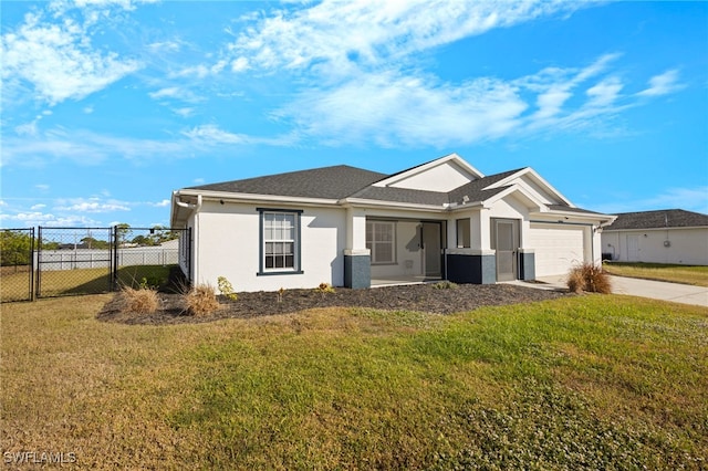 single story home with stucco siding, concrete driveway, a front yard, fence, and a garage