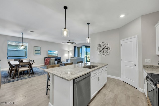 kitchen with white cabinets, sink, stainless steel dishwasher, ceiling fan, and black range with electric cooktop