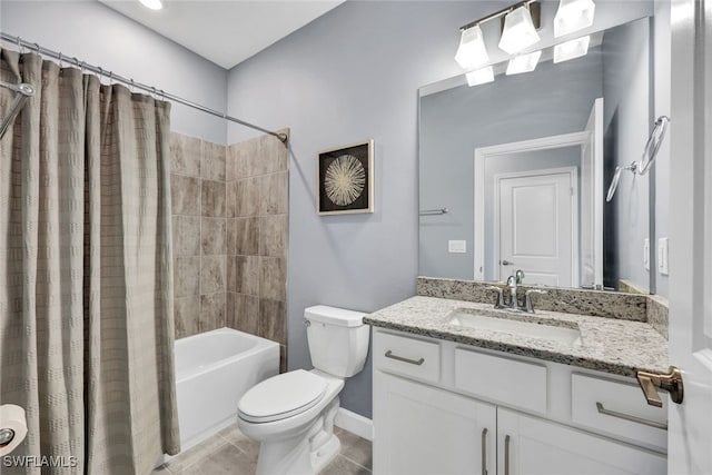 full bathroom with tile patterned flooring, shower / bath combo, toilet, and vanity