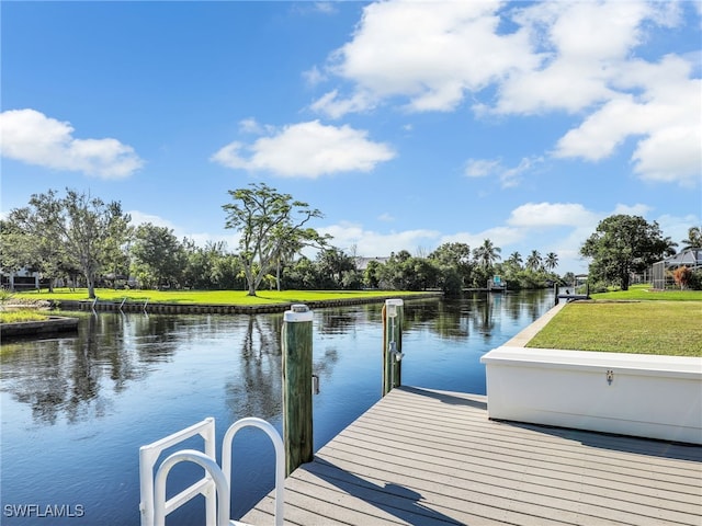 dock area with a yard and a water view