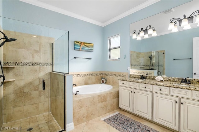 bathroom featuring crown molding, tile patterned floors, shower with separate bathtub, and vanity