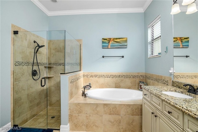 bathroom featuring ornamental molding, plus walk in shower, and vanity