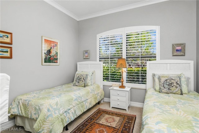 carpeted bedroom featuring ornamental molding