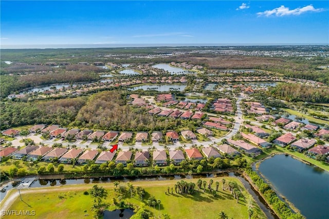 aerial view featuring a water view