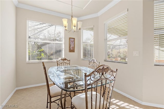 dining area featuring light tile patterned floors, an inviting chandelier, and crown molding